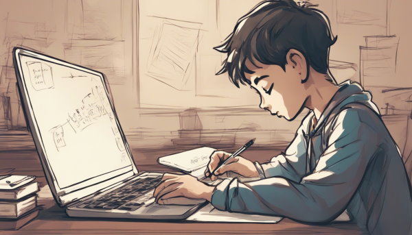 پسر در حال کار با لپ تاپ و نوشتن با خودکار (تصویر تزئینی مطلب روش مطالعه دروس حفظی)