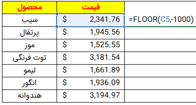 استفاده از تابع Floor در اکسل با عدد مثبت و قدر منفی