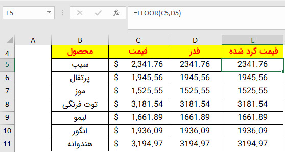 نتیجه استفاده از قدر و عدد یکسان در تابع Floor در اکسل