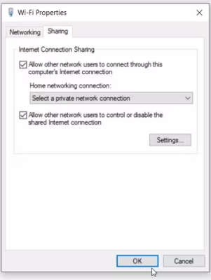 تنظیمات Sharing برای به اشتراک گذاشتن اینترنت در ویندوز 