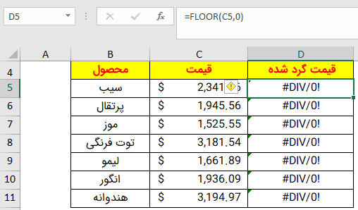 نتیجه استفاده از عدد صفر به عنوان قدر تابع Floor