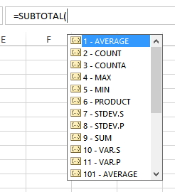 لیست اعداد تابعی SUBTOTAL