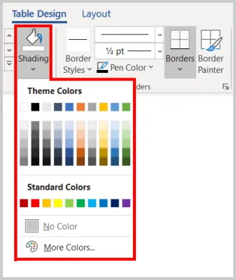 افزودن رنگ خاص به جدول با گزینه shading