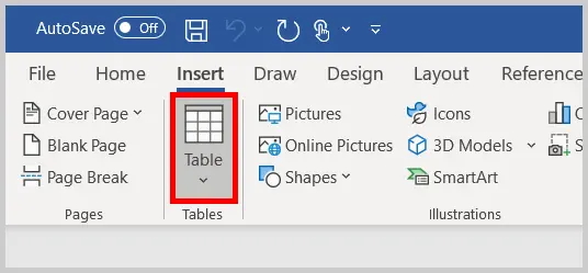 انتخاب گزینه Table برای کشیدن جدول در ورد
