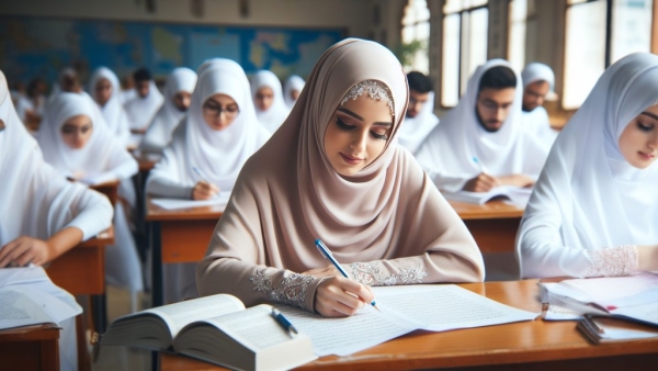 دختران عرب سر جلسه امتحان در حال پاسخ دادن به سوالات