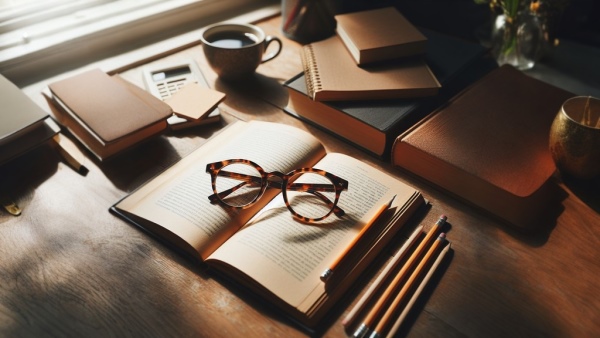 عینک طبی روی کتاب در کنار دفتر و مداد و فنجان قهوه روی میز تحریر