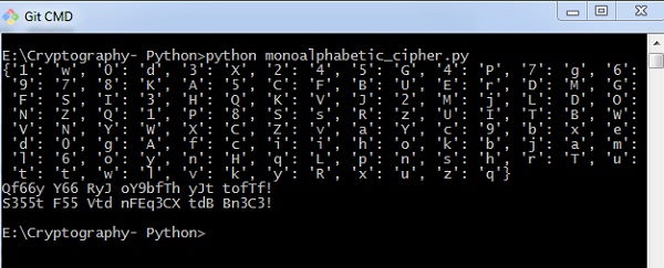 خروجی کدهای پیاده سازی رمز تک الفبایی در پایتون