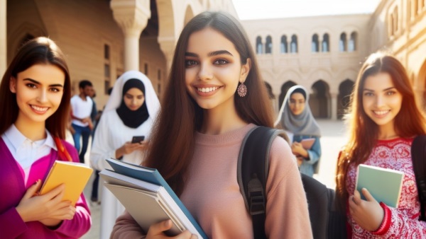 سه دختر عرب با لبخند در حیاط مدرسه ایستاده اند