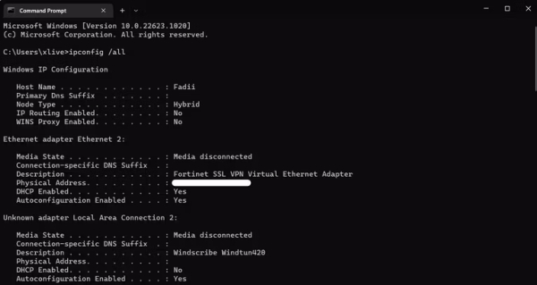 استفاده از Command Prompt برای پیدا کردن مک آدرس در ویندوز 11