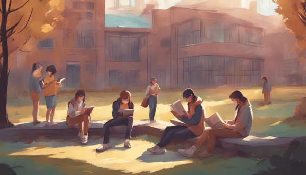 دانش آموزان در حال درس خواندن در فضای سبز