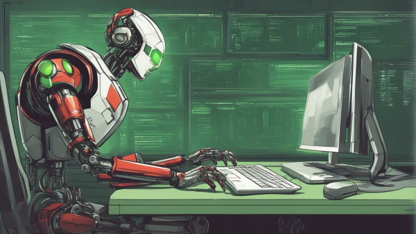 تصویر گرافیکی یک ربات با تم سبز، سفید و قرمز در حال تایپ کیبورد (تصویر تزئینی مطلب چت چی پی تی چیست)