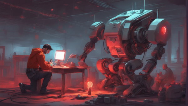 تصویر گرافیکی یک مهندس در حال تعمیر یک ربات با چراغ قرمز (تصویر تزئینی مطلب ChatGPT چیست)