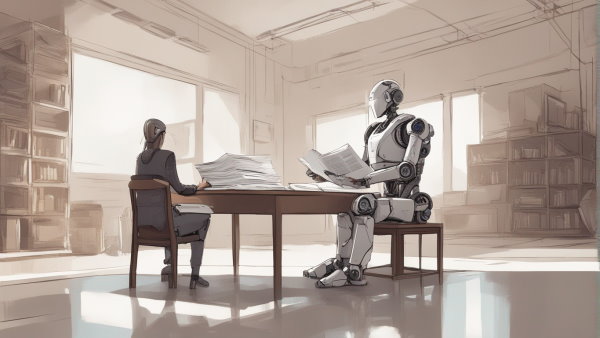 تصویر گرافیکی یک انسان و یک ربات در یک اتاق در حال خواندن متن روی کاغذ (تصویر تزئینی مطلب چت جی پی تی چیست)