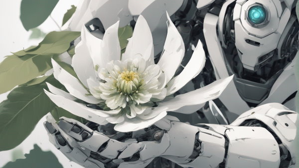 تصویر گرافیکی یک ربات با یک گل سفید در کف دستانش (تصور تزئینی مطلب ChatGPT چیست)
