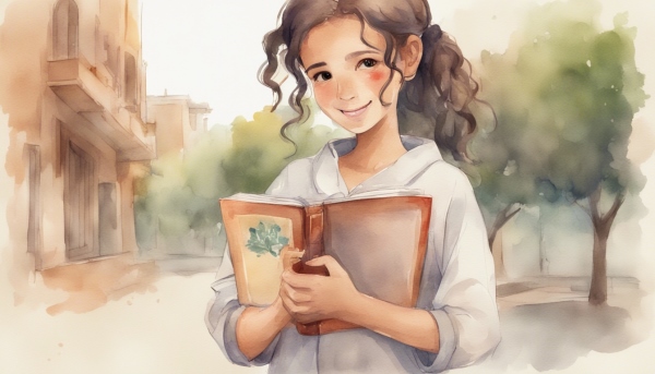 دانش آموز دختر کتاب خود را مقابل سینه گرفته و لبخند می زند