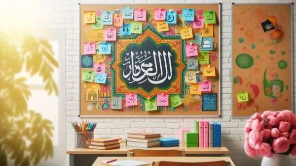 کلاس درس عربی که روی تخته نوت های رنگی چسبانده شده است