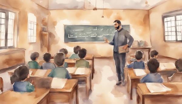 معلم مرد در حال تدریس در کلاس درس عربی رو به دانش آموزان ایستاده است