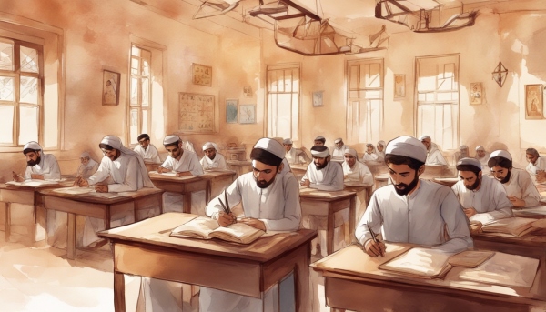 دانش آموزان مرد عرب سر کلاس درس در حال مطالعه