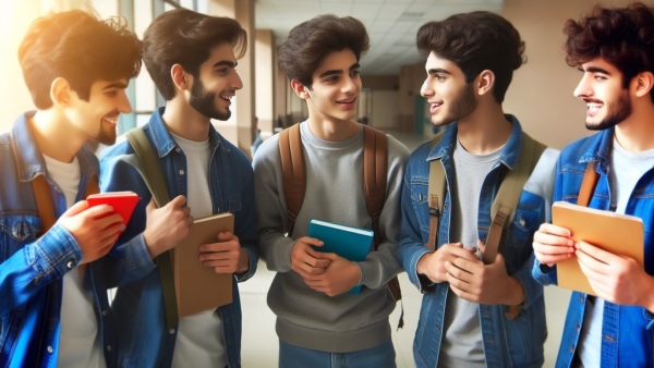 پسران عرب در حال گفتگو در راهروی مدرسه