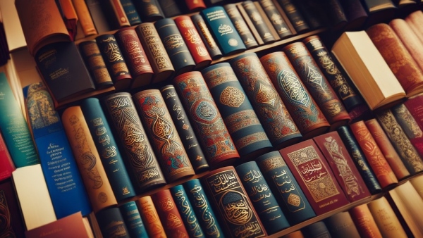 کتاب های عربی چیده شده در قفسه کتاب
