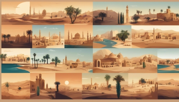 نقاشی منظره چند شهر عربی در کنار هم