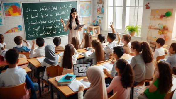 معلم زن در حال تدریس زبان به دانش آموزان ابتدایی 