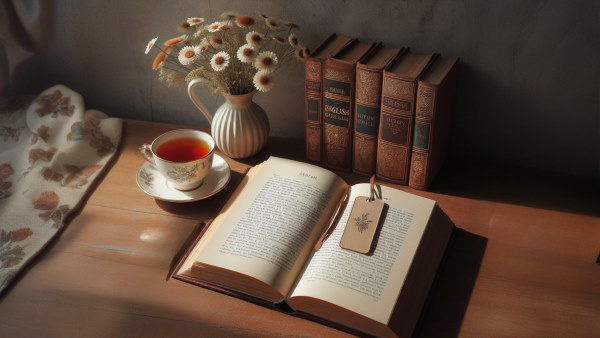 تصویر یک کتاب و یک فنجان چای