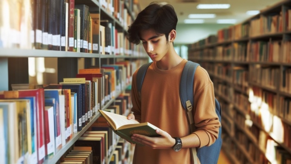 دانش آموز پسر در حال مطالعه کتاب بین قفسه های کتابخانه ایستاده است