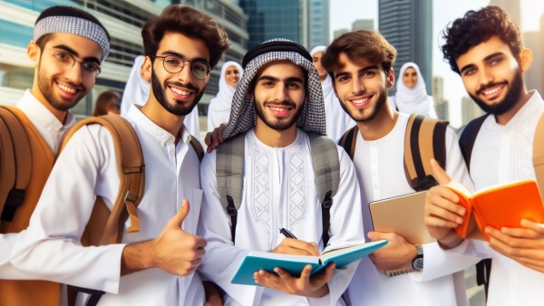 چهار پسر دانشجوی عرب به دوربین نگاه می کنند
