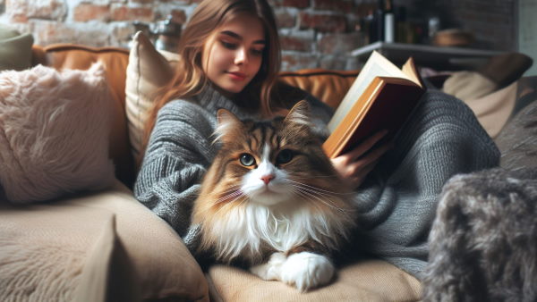 دختری در حال کتاب خواندن در کنار یک گربه روی مبل