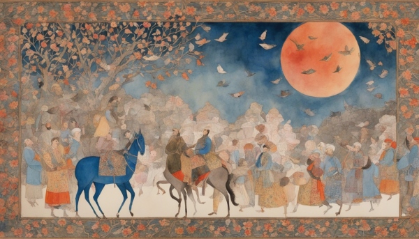 نقاشی داستانی که در آن اسب‌ها و آدم‌ها و آسمان و خورشید دیده می شود