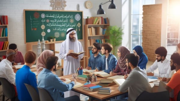 دانش آموزان در حال گفتگو در کلاس درس عربی در حضور معلم