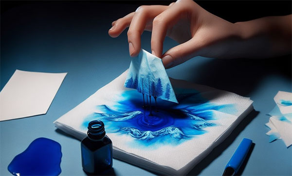 دستمال کاغذی رنگ آبی جوهر را جذب می‌کند و آبی می شود