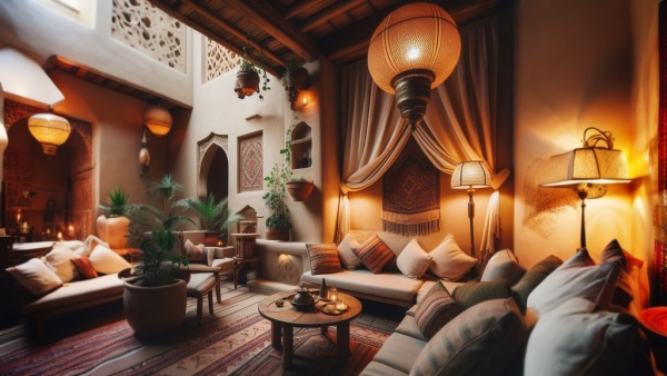 نمایی از اتاق نشیمن دنج یک خانه با معماری عربی