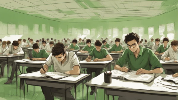چندین دانش آموز دبیرستانی نشسته در یک سالن بزرگ در حال امتحان دادن (تصویر تزئینی مطلب انتگرال جز به جز)