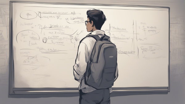 یک دانش آموز ایستاده مقابل تخته در حال نگاه کردن به معادلات ریاضی
