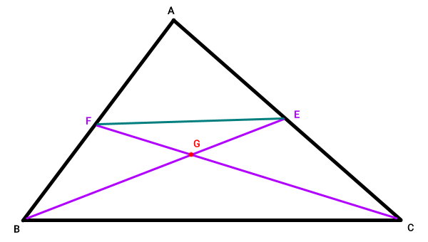 دو میانه مثلث ABC و خط واصل مراکز دو ضلع نظیر میانه‌ها