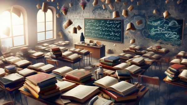 کلاس درس پر از کتاب عربی روی میز و در کنار تخته 