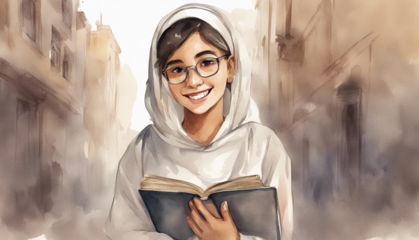 دختر دانش آموز کتابی را باز در دست گرفته و لبخند می زند