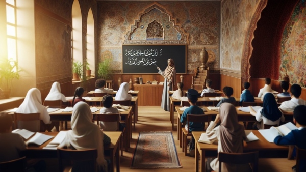 معلم در حال آموزش زبان عربی دانش آموزان به تخته و او نگاه می کنند