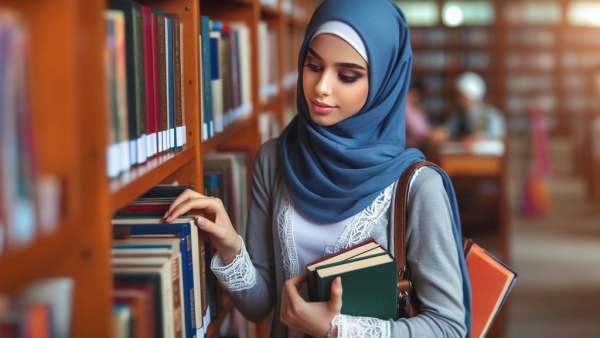 دختر جوان عرب در حال انتخاب کتاب در کتابخانه