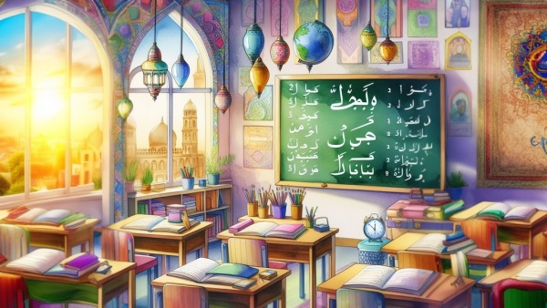 کلاس درس عربی با کلمات عربی نوشته شده روی تخته