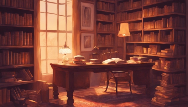 گوشه ای دنج در اتاقی با میز مطالعه و کتابخانه در دو طرف