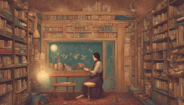 نقاشی زنی در خانه ای قدیمی در حال مطالعه