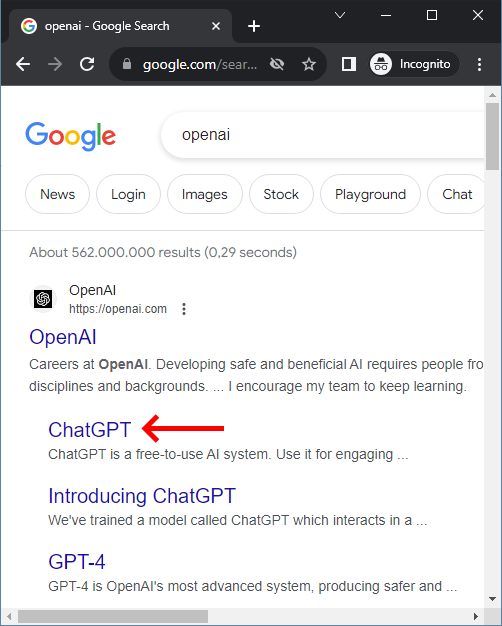 جستجوی OpenAI در گوگل و کلیک روی لینک ChatGPT