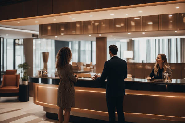 زوجی در حال صحبت با پذیرش - مکالمه انگلیسی برای رزرو هتل