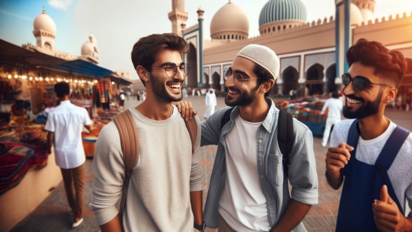 سه مرد عرب در حال صحبت کردن و خندیدن در بازار