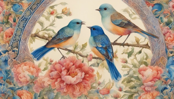نقاشی مینیاتوری سه پرنده آبی که روی شاخه نشسته اند