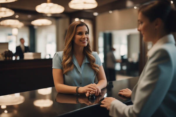 زنی مشغول صحبت با پذیرش هتل