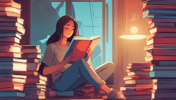 دختر نشسته در اتاقی پر از کتاب در حال کتاب خواندن (تصویر تزئینی مطلب روش های درس خواندن سریع)